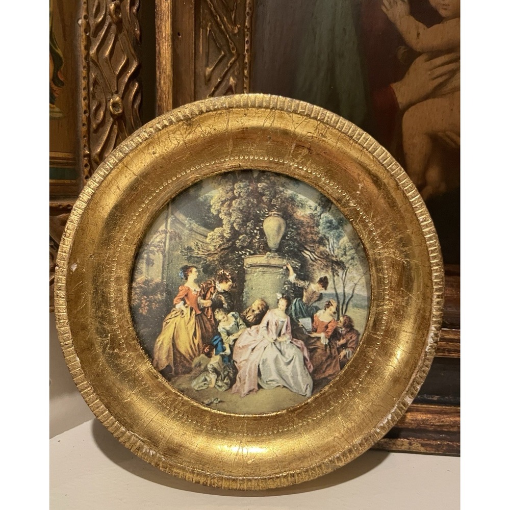 Vtg Lg Italian Florentine Romantic Garden Gilded Round Frame Wall Hanging 5"